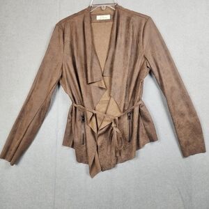 Elam Elegant Brown Women's Jacket with Flowing Front And Belt Tie Size Medium